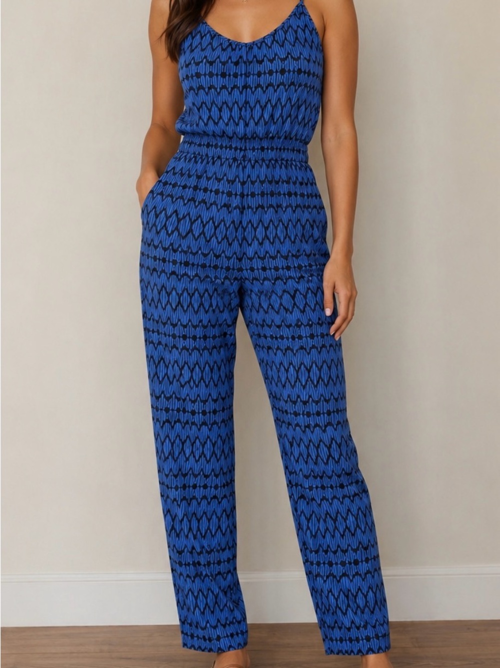 Plenty by Tracy Reese 100% Silk Ikat Print Blouson Designer Luxury Jumpsuit Sz M